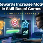 Illustration showing rewards increasing motivation in skill-based games with trophy, progress bar, and points system