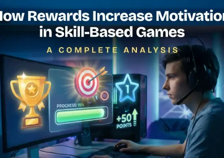 Illustration showing rewards increasing motivation in skill-based games with trophy, progress bar, and points system