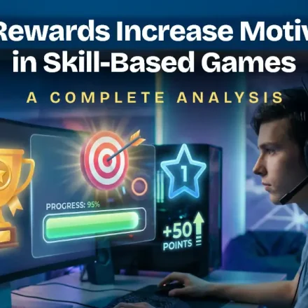 Illustration showing rewards increasing motivation in skill-based games with trophy, progress bar, and points system