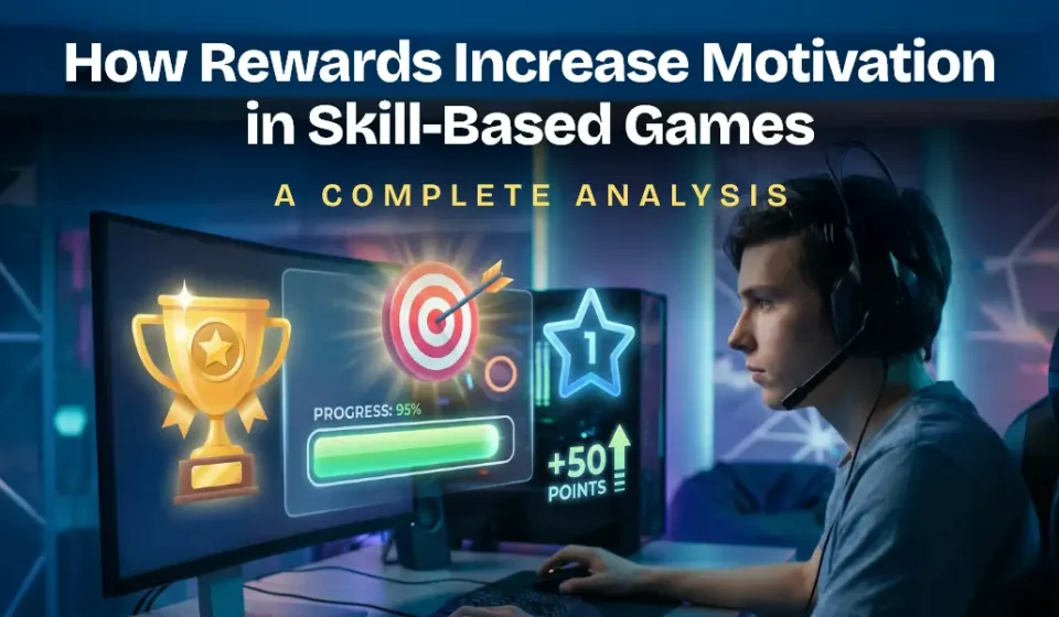 Illustration showing rewards increasing motivation in skill-based games with trophy, progress bar, and points system
