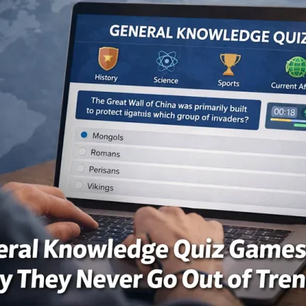 Person playing an online general knowledge quiz game on a laptop with history, science, sports, and current affairs categories