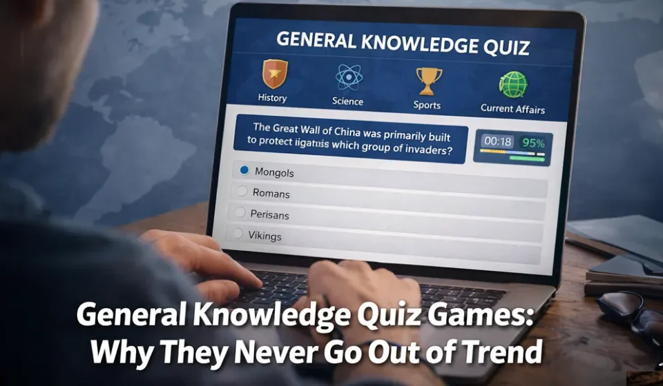 Person playing an online general knowledge quiz game on a laptop with history, science, sports, and current affairs categories