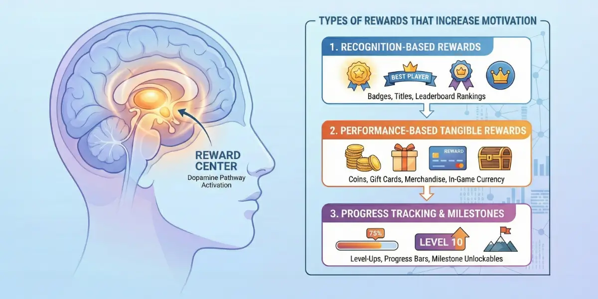 Diagram of brain reward center and types of rewards that increase motivation in skill-based games